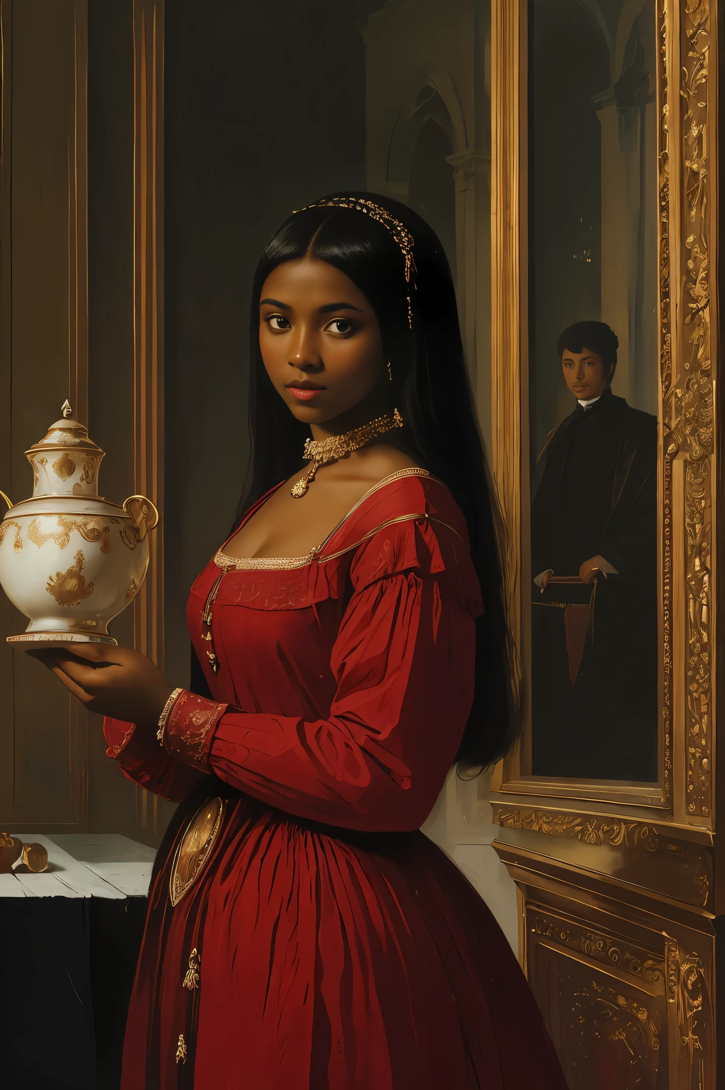 Beautiful woman with dark skin in a red dress, Renaissance style, Art by Vasily Vereshchagin