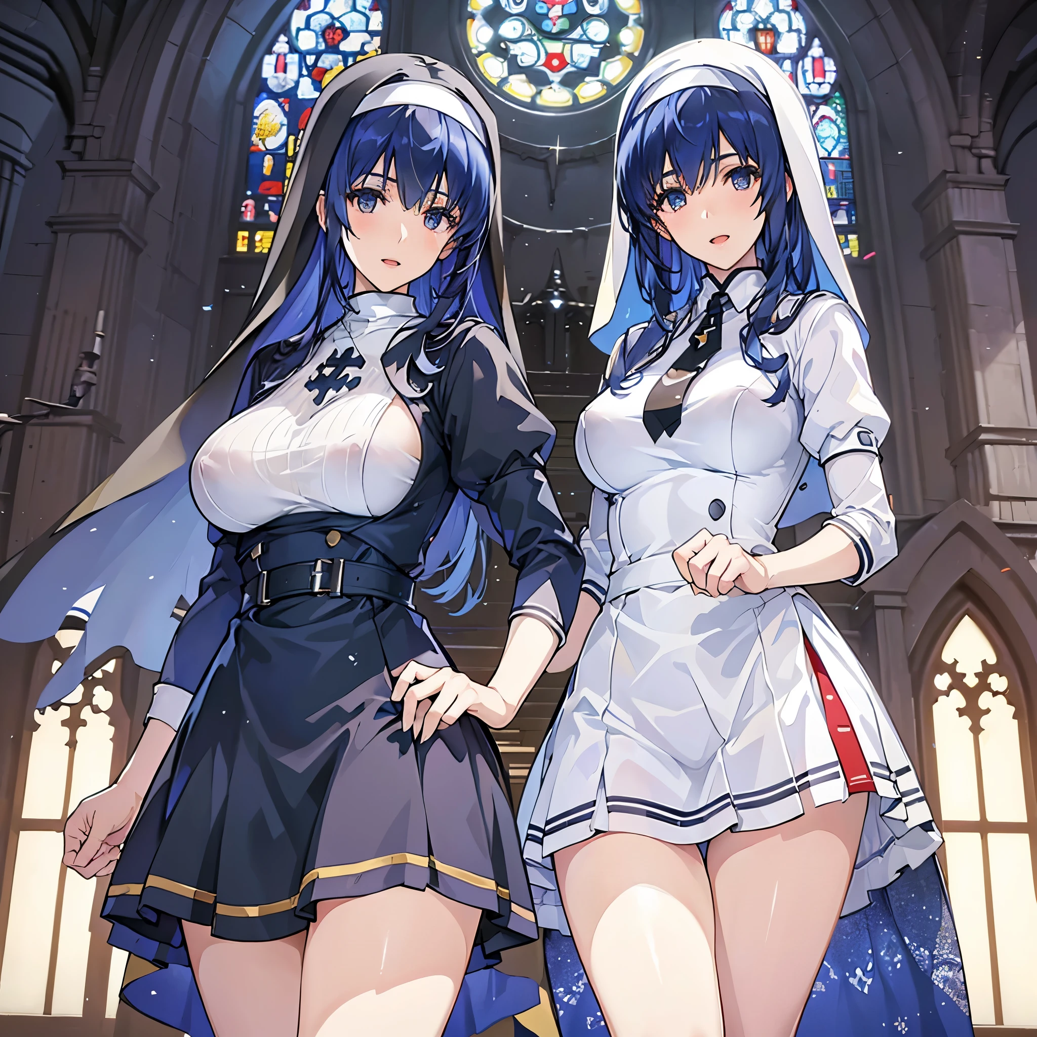 (best quality, In 4K, 8K, High resolution, muste piece:1.2),(two women with different hair lengths),Super detailed, (Reality, photorealistic, photorealistic:1.37),  30 year old woman,ripe woman,((inside a church),muste piece, Top quality, Ultra-fine,maximum resolution, Extremely detailed, ((nun,Angle from below,high neck,White panties)),Cord,smile,open mouth huge ,blue hair,Seductive thighs,Flipping up a miniskirt