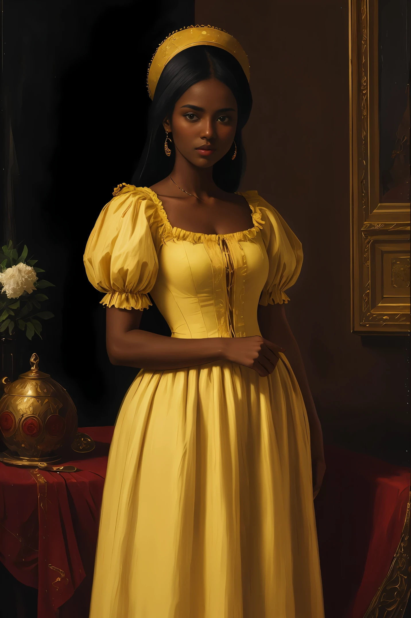 Beautiful woman with dark skin in a yellow dress, Renaissance style, inspired by Vasily Vereshchagin