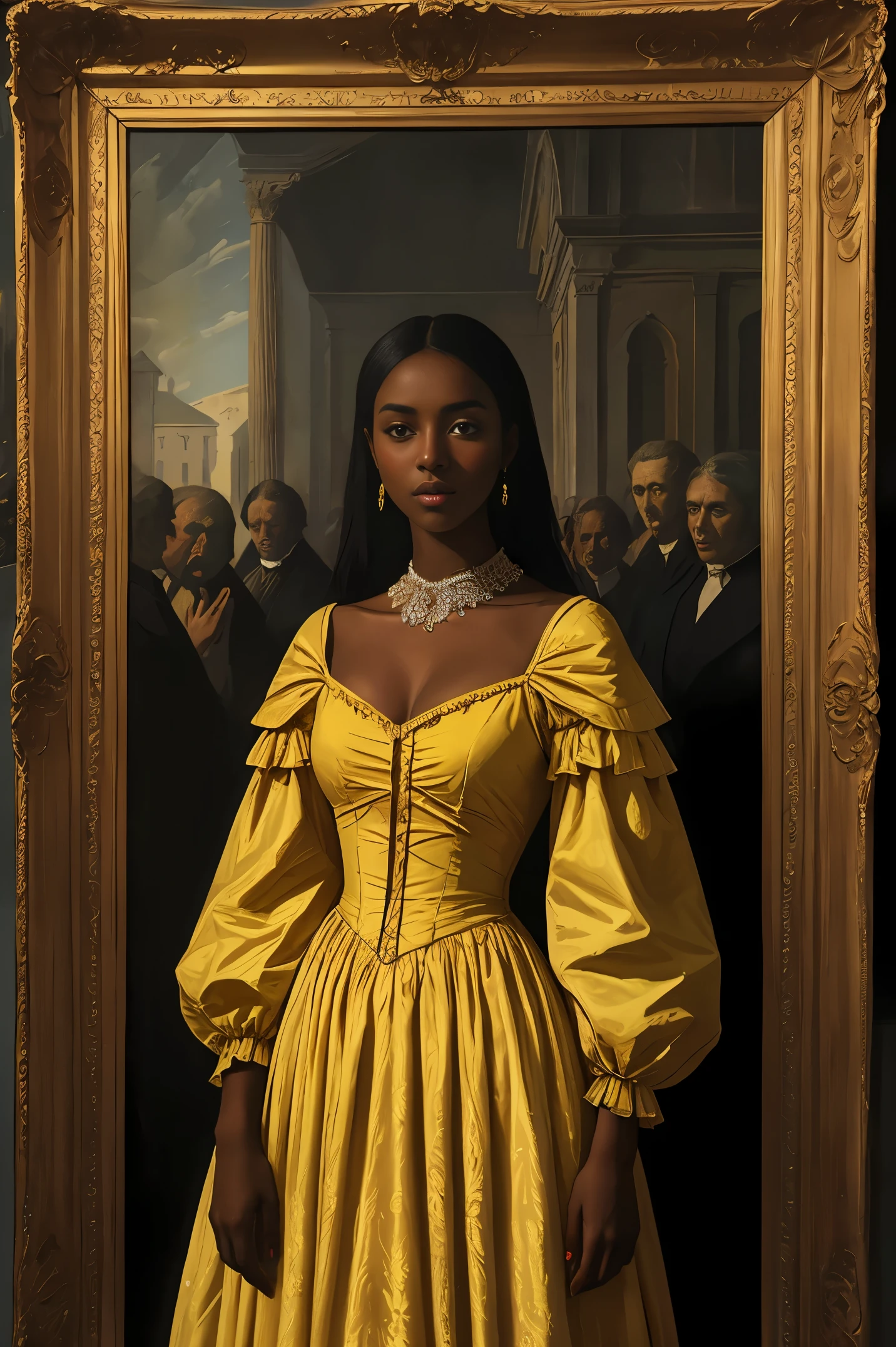 Beautiful woman with dark skin in a yellow dress, Renaissance style, inspired by Vasily Vereshchagin