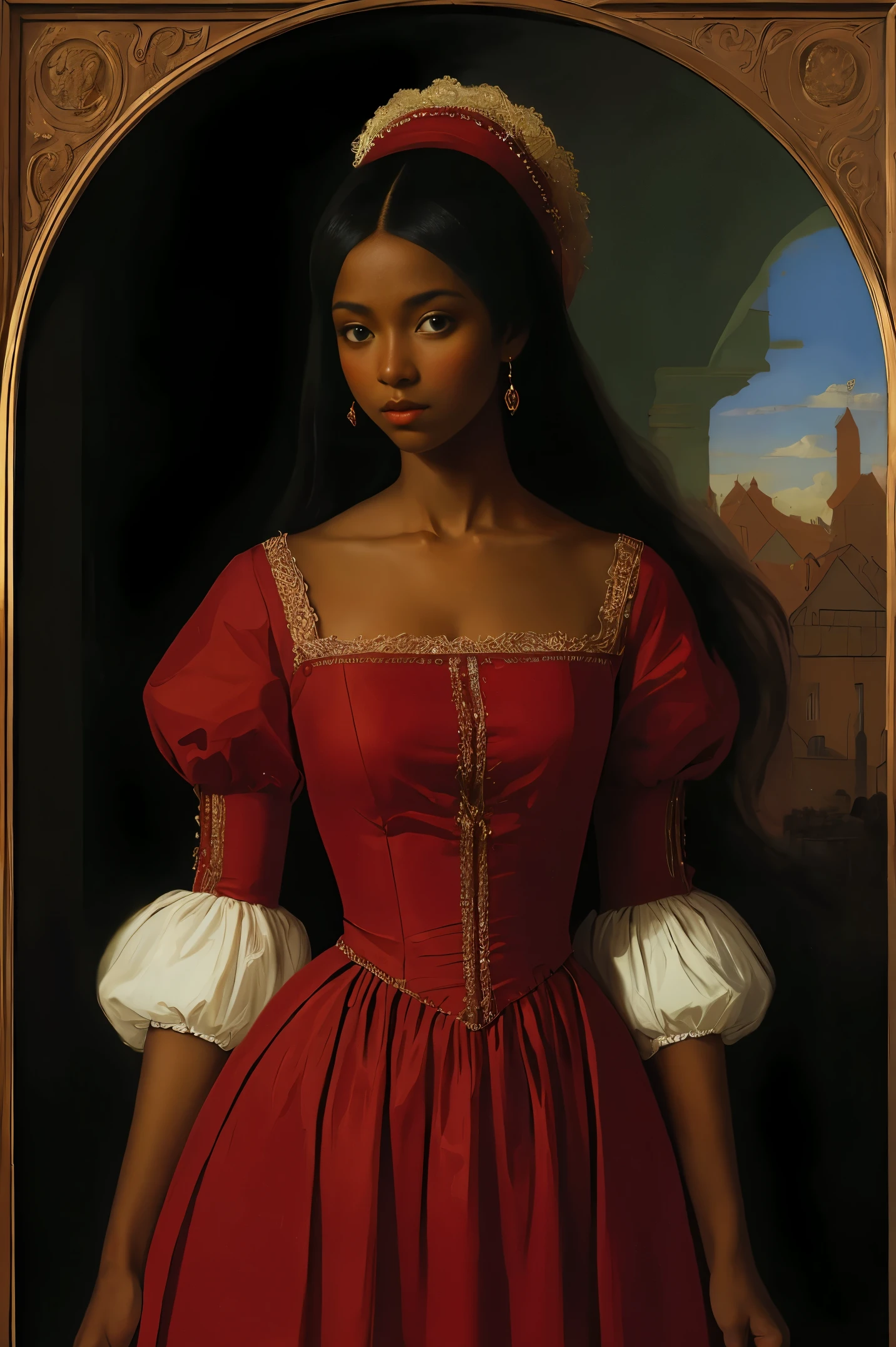 Allein schöne Frau mit dunkler Haut in einem roten Kleid, Renaissance-Stil, Kunst von Wassili Wereschtschagin