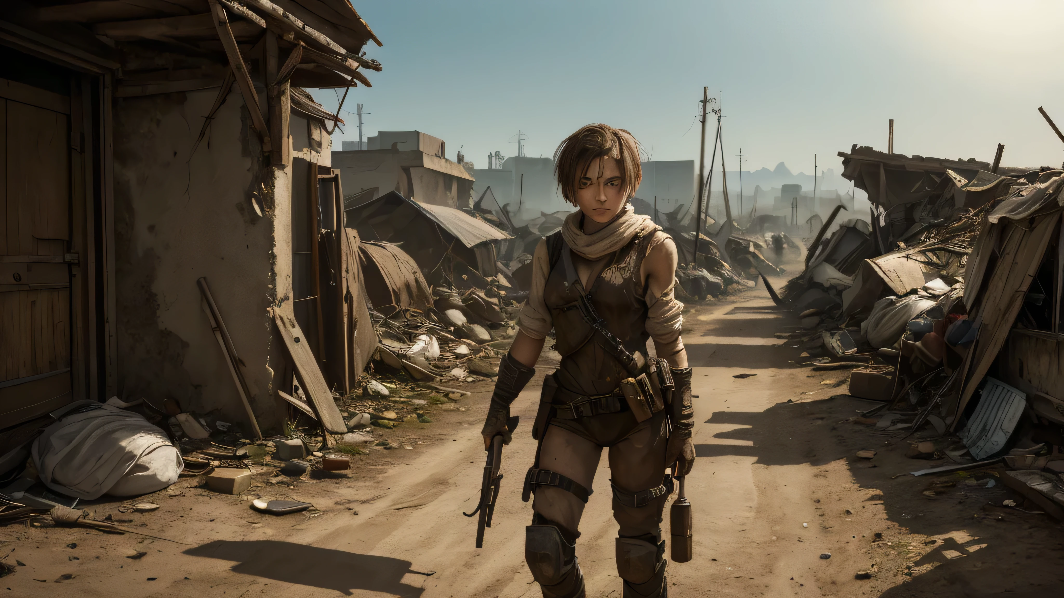 
An androgynous female survivor in the wasteland. apokalyptisches Setting. sehr kurzes Haar. Short male haircut. Dunkelbraunes Haar mit Undercut. Sehr blasse Haut mit Sommersprossen und Leberflecken. Rundes, weiches Gesicht. Rundes, weiches Kinn. Runde, weiche Wangen. Geschwungene Lippen. stupsige Nase. dunkelbraune Augen. nach oben gerichtete Augen. very thin, kaum sichtbare Augenbrauen. Schlank. kleine Brust. lange dicke Beine. freundlich. Art. androgyn. Burschikos. Wears the used clothing of a wastelander. Hintergrund: An apocalyptic wasteland. Staubig und deprimierend.
