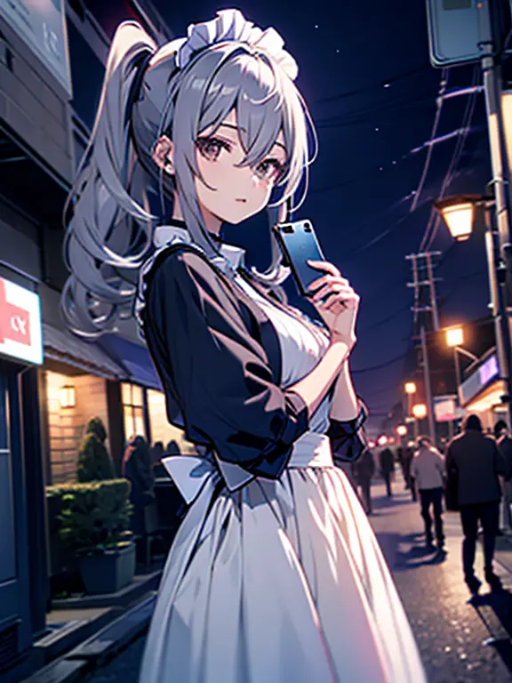 maid clothes、poneytail、nighttime scene、smartphone wallpapers、ahe face