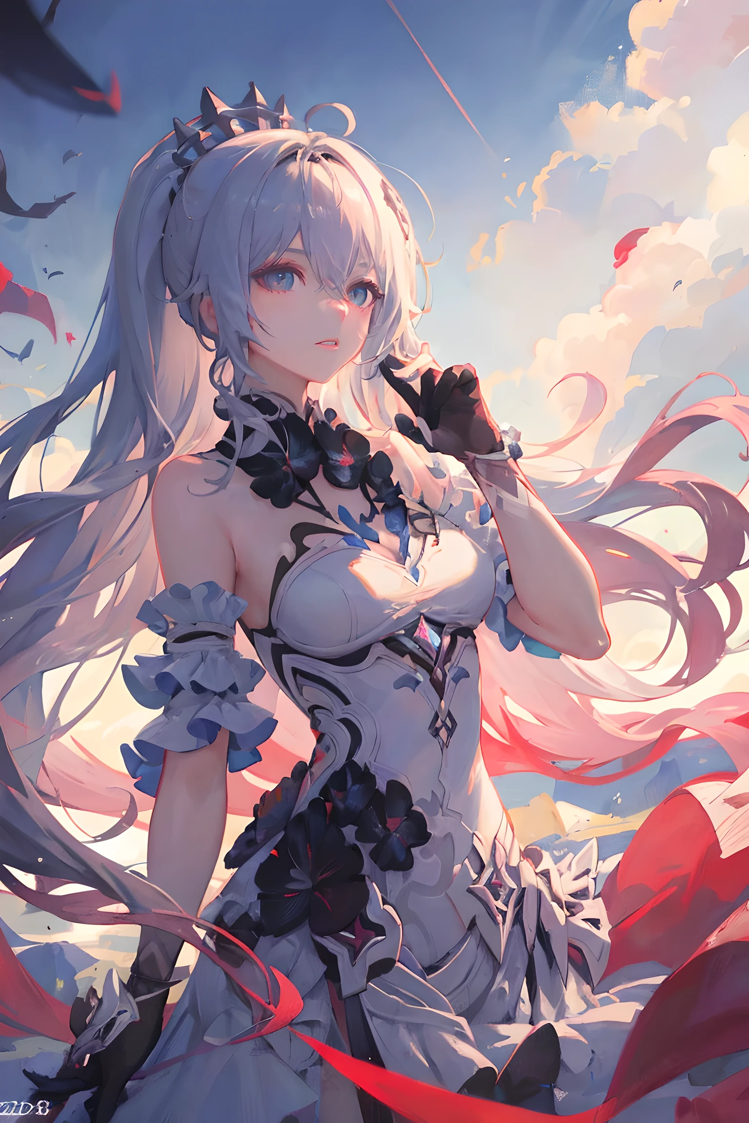 (best quality,8k,highres,masterpiece:1.2),ultra-detailed,(anime),extremely detailed facial features,beautiful detailed eyes,beautiful detailed lips,soft lighting,fantasy landscape,vivid colors,flowing dress,long white hair,blue eyes,1girl,Herrscher of Finality,Kiana \ (Honkai Impact 3),solo, zoom out