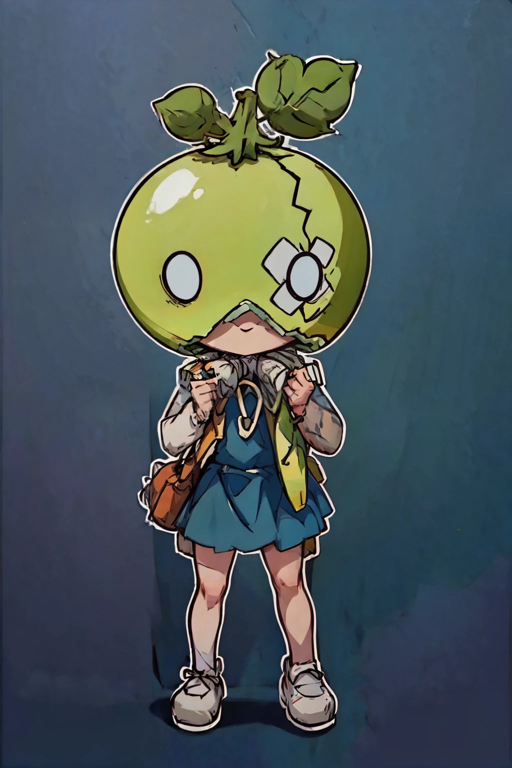 Cartoon drawing of a girl with a green apple on her head - SeaArt AI