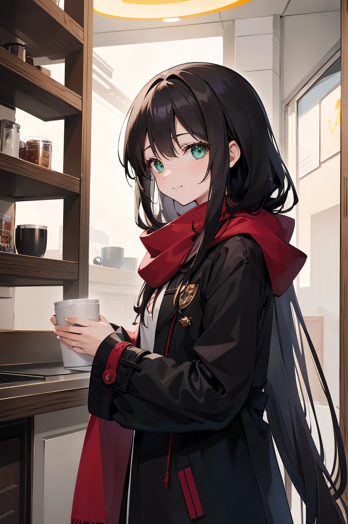 Аниме Девушка with dark brown long hair and a red scarf and a black coat, в