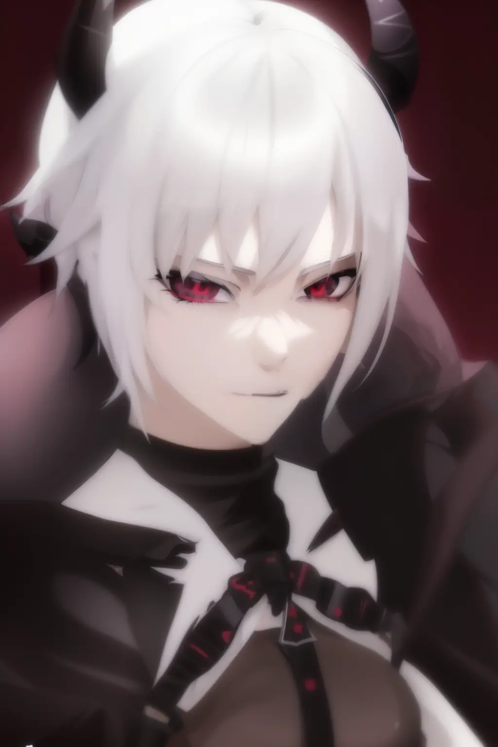 anime girl with white hair and black outfit with horns, with black horns instead of ears, fit male demon with white horns, 2b, 2 b, gapmoe yandere grimdark, he has dark grey hairs, lineless, devious evil expression, neferpitou, evil devious male, imvu, dem...