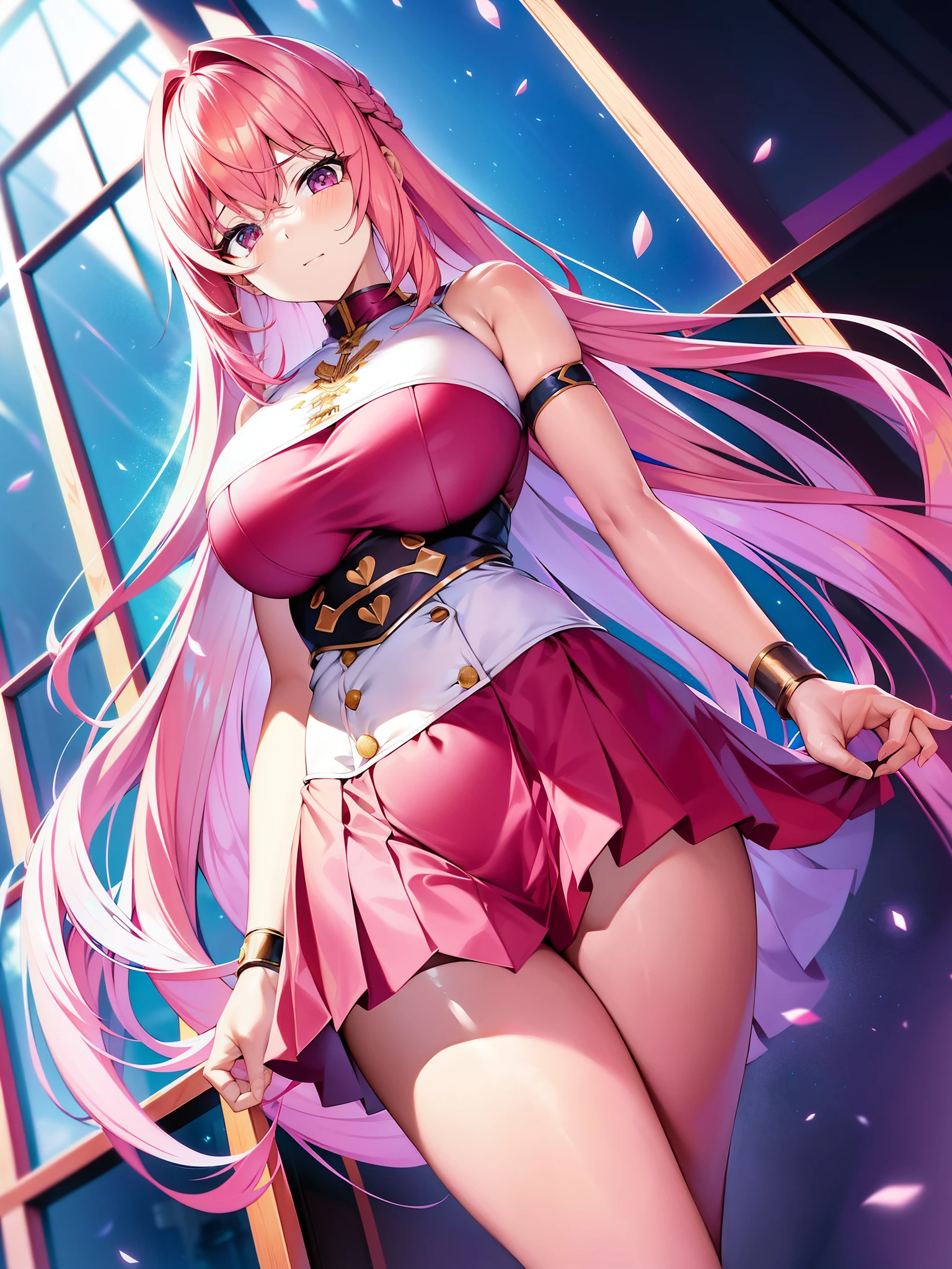 A close up of a woman in a short pink dress holding a sword - SeaArt AI