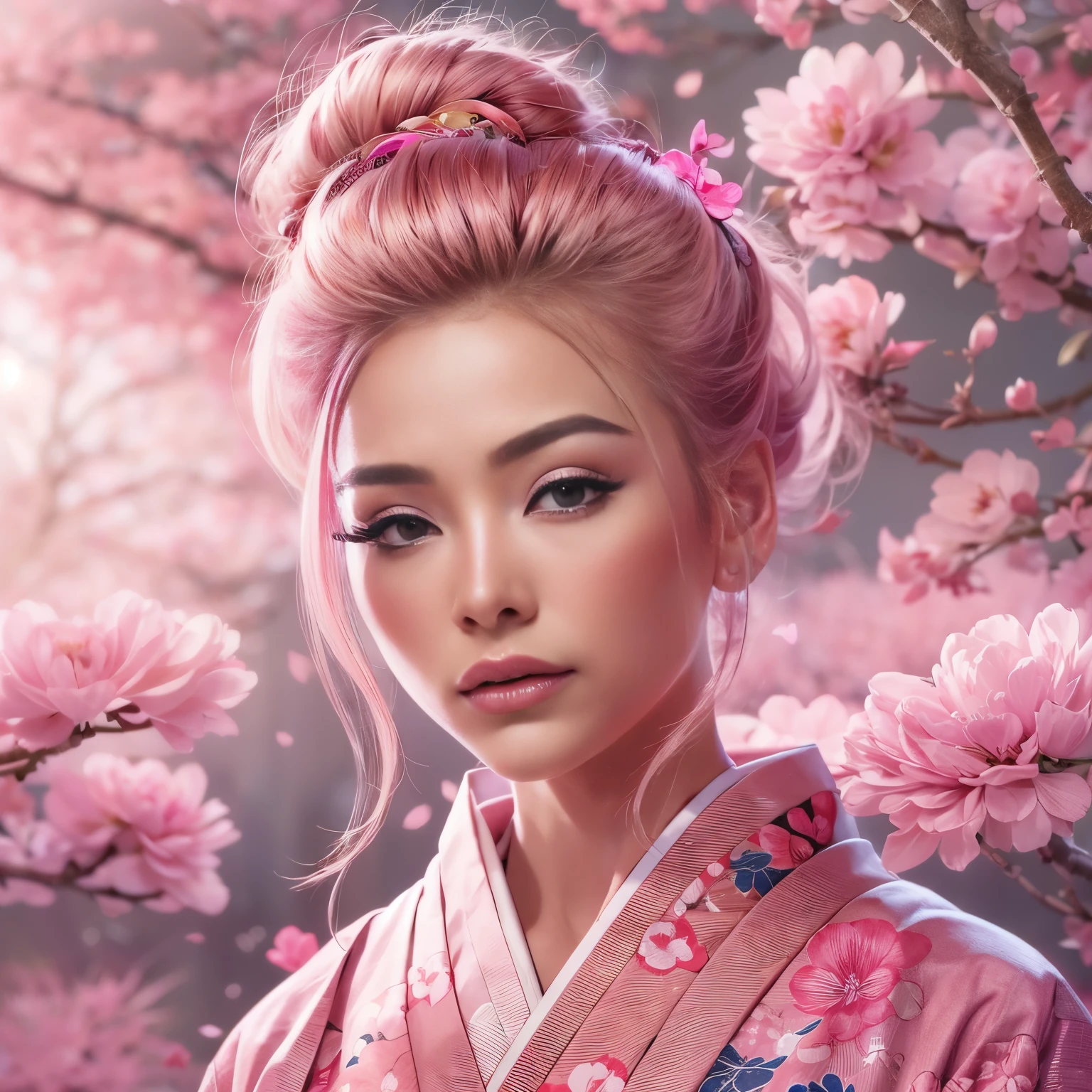 A hyper-realistic, highly detailed, and high-resolution 16k image of a young, beautiful female with engfa face. she has top bun pink hair and translucent skin, and  dressed in a traditional pink Japanese kimono with a small flower design. The image captures the ethereal beauty and mystique of the spirit world. The style  inspired by the delicate, soft aesthetic found in traditional Japanese art. The background was full of pink sakura tree with pink lighting.
