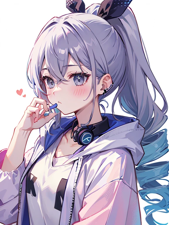 One girl、drill ponytail、PastelColors、Cute、blush, oversize hoodie, earphone