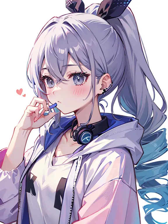 one girl、drill ponytail、pastelcolors、cute、blush, oversize hoodie, earphone