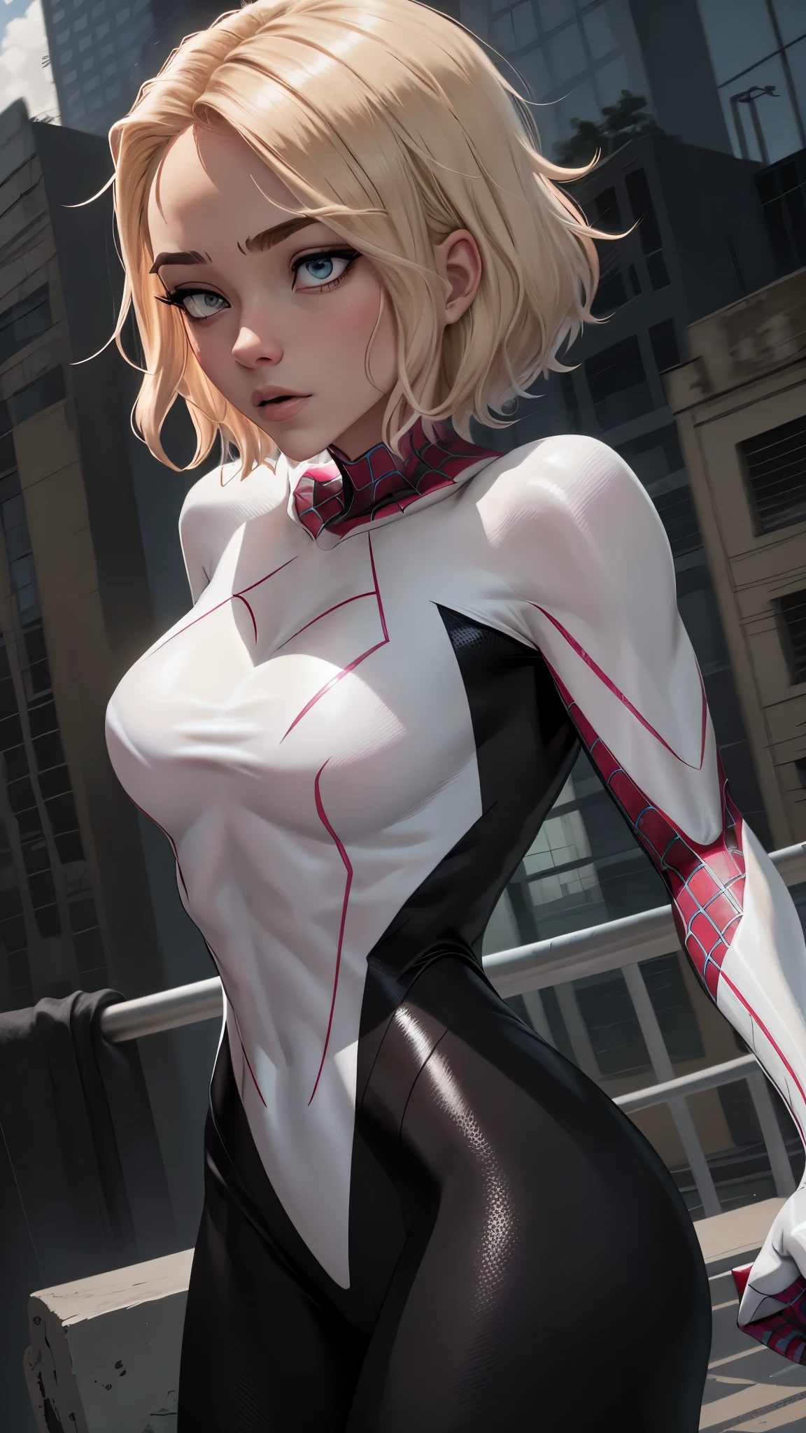 Spider-Gweb as a 18-year-old girl, upper body, close-up, black Spider-Man suit, short hair, blonde hair, beautiful face, fighting stance, rain, roof, masterpiece, exquisite details, perfect anatomy, cleavage, defiant expression