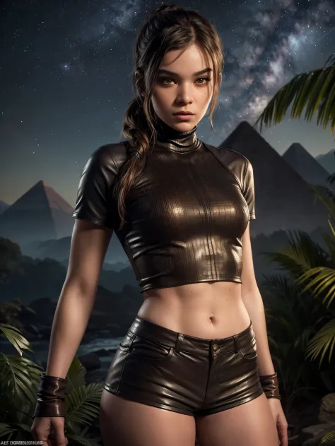 Foto hiperrealista en primer plano de woman as Lara Croft，wearing (cotton brown brown short shorts:1.5) and (leather turtleneck ...