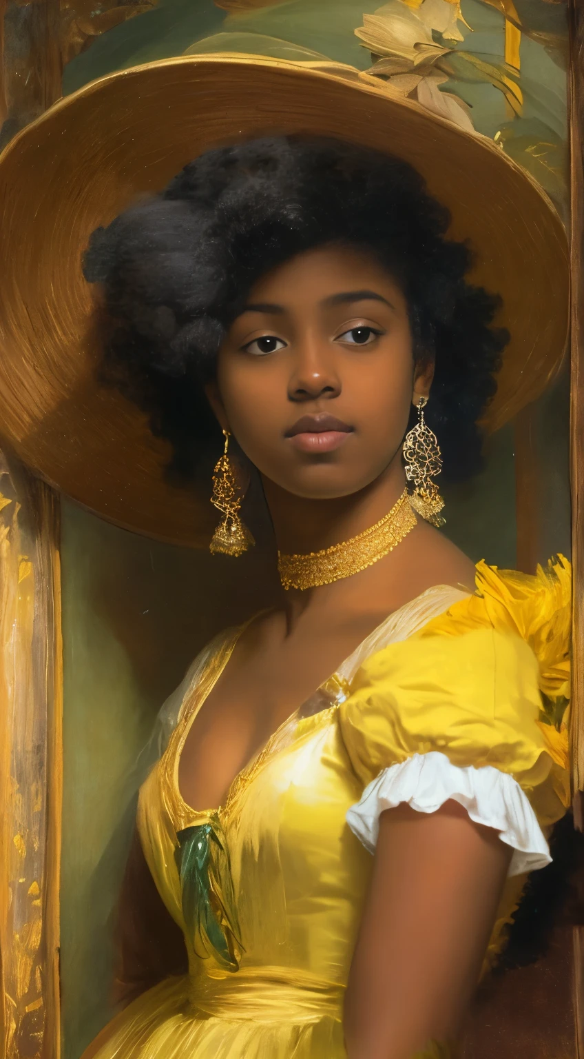 Mujer bastante joven con piel de ébano con un vestido amarillo，Llevando un sombrero con flores. , Una mujer joven con flores silvestres., inspirado en Friedrich von Amerling, Inspirado por Francesco Hayez, Autor：Francesco Hayez, inspirado en Franz Xaver Winterhalter, retrato de una joven emperatriz, Retrato de una actriz, Autor：Emmanuel de Witte, Autor：Friedrich von Amerlin, mujer joven, Autor：Dirk de Bray