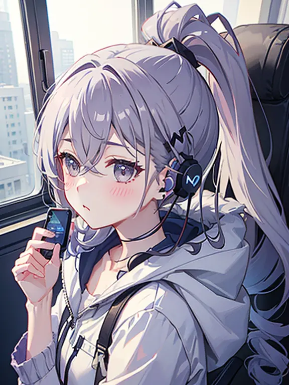 one girl、drill ponytail、pastelcolors、cute、blush, hoodie, listening music, earphone