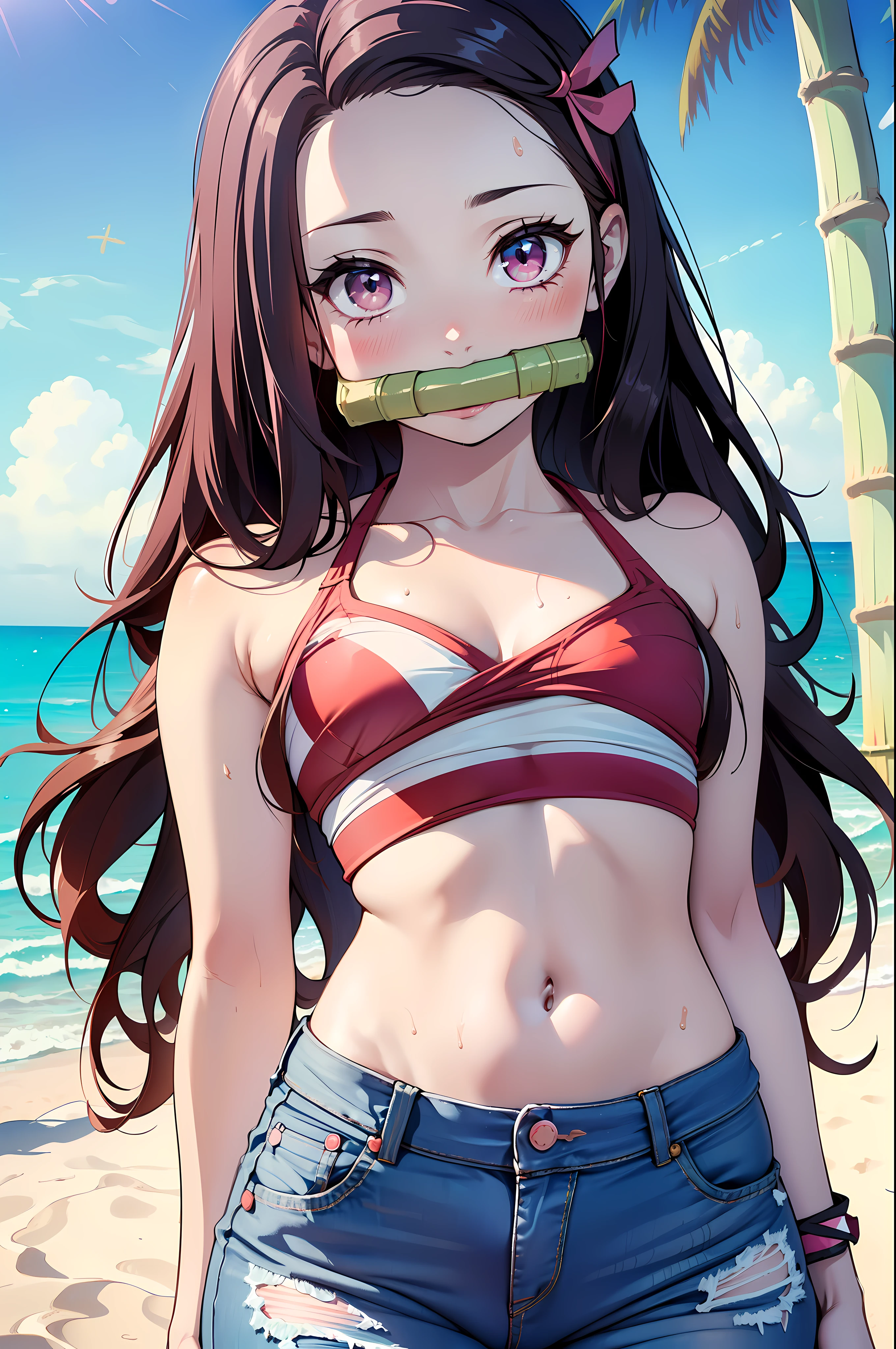 (best quality,4K,(masterpiece:1.2),very detailed,studio lighting,fancy,Soft pastel tones,Nezuko Kamada,beautiful and delicate eyes,long black hair,delicate features,standing, (With bamboo mouth guard:1.4),crimson red eyes,Small fangs are peeking out,pale, pinkish skin,pastel pink blush on her cheeks,Purple flower hairpin decorated with ribbon,(sexy:1.4), (Beach:1.4),crop_top,Hang up_jeans,Beach,blush,navel