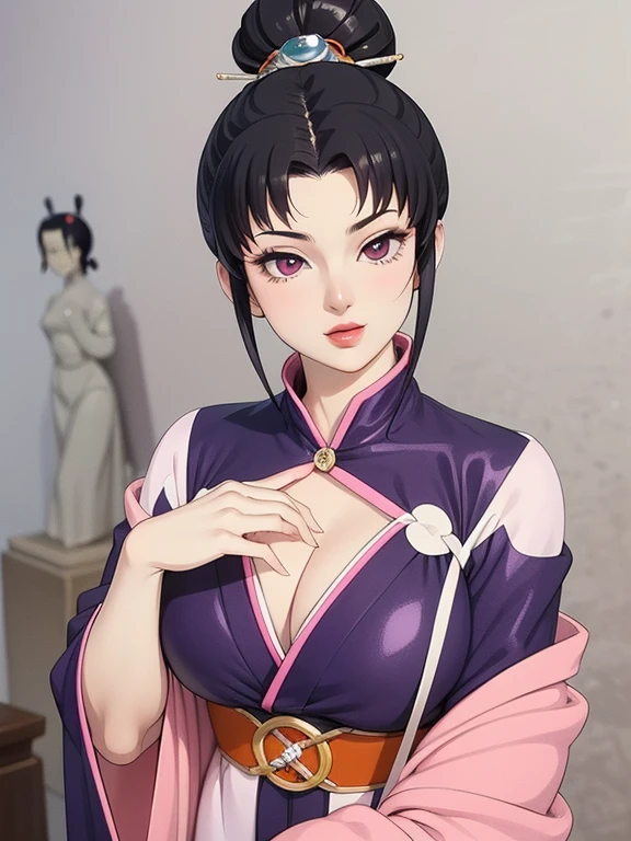 a close up of a figure in a purple outfit on a gray surface, a statue by Kentaro Miura, trending on cg society, shin hanga, anime figure, anime pvc figure, pvc figurine, anime figurine, seductive anime girl, anime action figure, misato katsuragi, juri misaki, posable pvc, ( highly detailed figure )