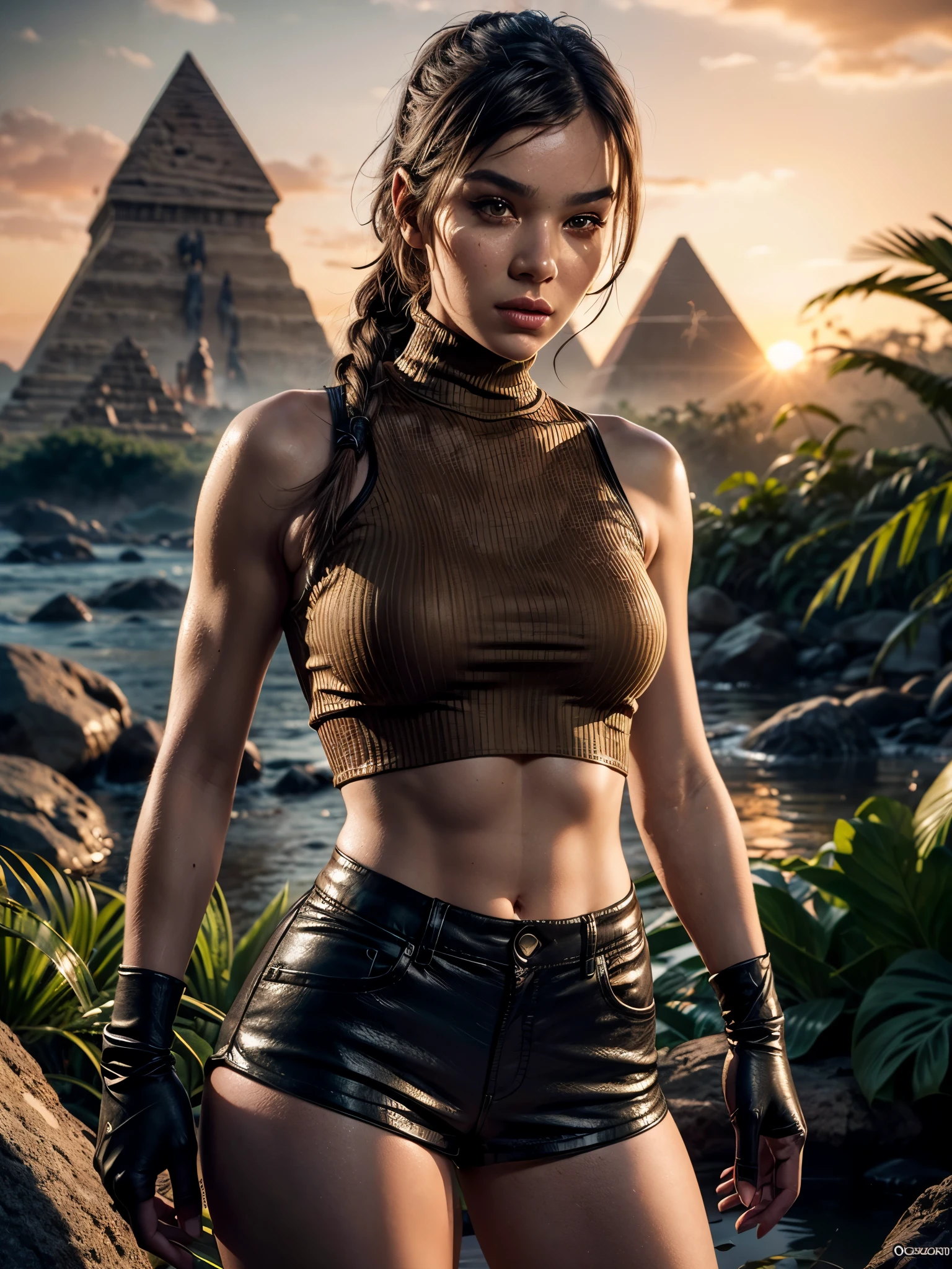 ภาพถ่ายระยะใกล้ที่สมจริงเกินจริงของผู้หญิงในชื่อ Lara Croft, น่าเหนื่อยหน่าย (ผ้าฝ้ายสีน้ำตาล กางเกงขาสั้นผ้าฝ้ายสีน้ำตาล:1.5) และ (เสื้อคอเต่ารัดรูป:1.3), ถุงมือหนังไร้นิ้ว, วางตัวอยู่ในทะเลสาบอียิปต์โบราณ, ป่า, ป่า flowers, ไฟที่โหมกระหน่ำอยู่ด้านหลัง, (พระอาทิตย์ขึ้น:1.2), ปิรามิดในพื้นหลัง, โพสท่าแบบไดนามิก, ท่าแอ็คชั่น, ดูเย้ายวนใจ, ผู้หญิงที่งดงาม, เรนเดอร์เสมือนจริง，ภาพคอนทราสต์สูง, แสดงผลด้วยค่าออกเทน，การออกแบบตัวละคร，เครื่องยนต์ที่ไม่จริง，ultra - รายละเอียด, ((คุณภาพดีที่สุด)), ((ผลงานชิ้นเอก)), ((เหมือนจริง)), (รายละเอียด), ดวงตาสีน้ำตาล, highly รายละเอียด skin และ hair, ศิลปะแฟนตาซี，สีไล่ระดับสีที่น่าทึ่ง，รายละเอียด background，(extremely รายละเอียด ผลงานชิ้นเอก)，เอชดีอาร์,