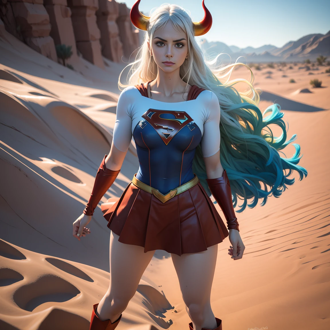 Detalhado cabelo branco longo,  tamanho de arquivo enorme, 1girl, demon girl, Superhero Supergirl, terno Supergirl, capa vermelha, S do super-homem no peito, blue swimsuit, Red skirt, botas vermelhas, ultra sexy hiper sedutora, (Desert Oasis:1.1), Rosto extremamente detalhado, Foto RAW, filmic grain, master part, UHD, HDR, skin pores, maquiagem sedutora escura requintada, delineador escuro, buffalo horn with red tips ((longos cabelos brancos)), ((seios muito firmes)), (((tonificado, Impeccable, encaixe, corpo perfeito e anatomia;))), ((Olhando para o Viewer)), ((hiper sedutor)), profundidade de campo, alto, sexy , realismo, VFX, Volumetric lighting, volumetric light, volumetric, natural lighting, Detalhado e intrincado,  Detalhes intrincados, quantidade absurda de detalhes, absurdos, high resolution, na cidade