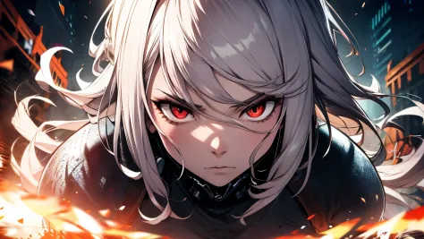 white hair, red eyes, detailed facial featureasterpiece, ((8k)), overlord style, vibrant colors, camera focus, intricate details...