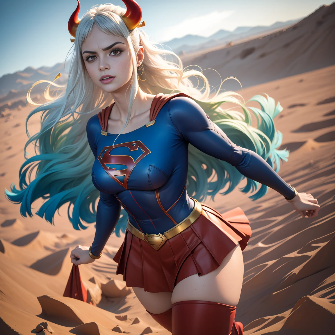 Detalhado cabelo branco longo,  tamanho de arquivo enorme, 1girl, demon girl, Superhero Supergirl, terno Supergirl, capa vermelha, S do super-homem no peito, blue swimsuit, Red skirt, botas vermelhas, ultra sexy hiper sedutora, (Desert Oasis:1.1), Rosto extremamente detalhado, Foto RAW, filmic grain, master part, UHD, HDR, skin pores, maquiagem sedutora escura requintada, delineador escuro, buffalo horn with red tips ((longos cabelos brancos)), ((seios muito firmes)), (((tonificado, Impeccable, encaixe, corpo perfeito e anatomia;))), ((Olhando para o Viewer)), ((hiper sedutor)), profundidade de campo, alto, sexy , realismo, VFX, Volumetric lighting, volumetric light, volumetric, natural lighting, Detalhado e intrincado,  Detalhes intrincados, quantidade absurda de detalhes, absurdos, high resolution, na cidade