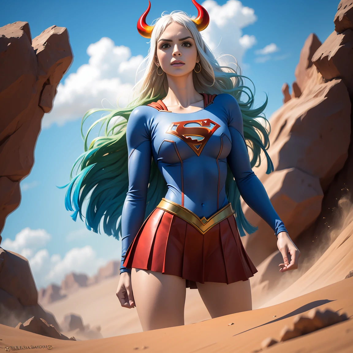 Detalhado cabelo branco longo,  tamanho de arquivo enorme, 1girl, demon girl, Superhero Supergirl, terno Supergirl, capa vermelha, S do super-homem no peito, blue swimsuit, Red skirt, botas vermelhas, ultra sexy hiper sedutora, (Desert Oasis:1.1), Rosto extremamente detalhado, Foto RAW, filmic grain, master part, UHD, HDR, skin pores, maquiagem sedutora escura requintada, delineador escuro, buffalo horn with red tips ((longos cabelos brancos)), ((seios muito firmes)), (((tonificado, Impeccable, encaixe, corpo perfeito e anatomia;))), ((Olhando para o Viewer)), ((hiper sedutor)), profundidade de campo, alto, sexy , realismo, VFX, Volumetric lighting, volumetric light, volumetric, natural lighting, Detalhado e intrincado,  Detalhes intrincados, quantidade absurda de detalhes, absurdos, high resolution, na cidade