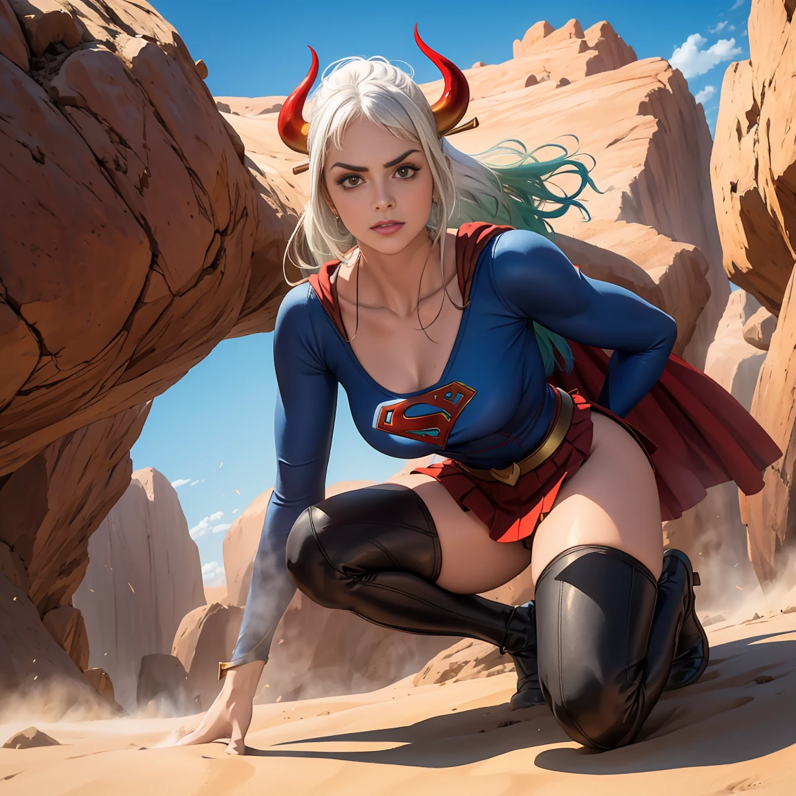 Detalhado cabelo branco longo,  tamanho de arquivo enorme, 1girl, demon girl, Superhero Supergirl, terno Supergirl, capa vermelha, S do super-homem no peito, blue swimsuit, Red skirt, botas vermelhas, ultra sexy hiper sedutora, (Desert Oasis:1.1), Rosto extremamente detalhado, Foto RAW, filmic grain, master part, UHD, HDR, skin pores, maquiagem sedutora escura requintada, delineador escuro, buffalo horn with red tips ((longos cabelos brancos)), ((seios muito firmes)), (((tonificado, Impeccable, encaixe, corpo perfeito e anatomia;))), ((Olhando para o Viewer)), ((hiper sedutor)), profundidade de campo, alto, sexy , realismo, VFX, Volumetric lighting, volumetric light, volumetric, natural lighting, Detalhado e intrincado,  Detalhes intrincados, quantidade absurda de detalhes, absurdos, high resolution, na cidade