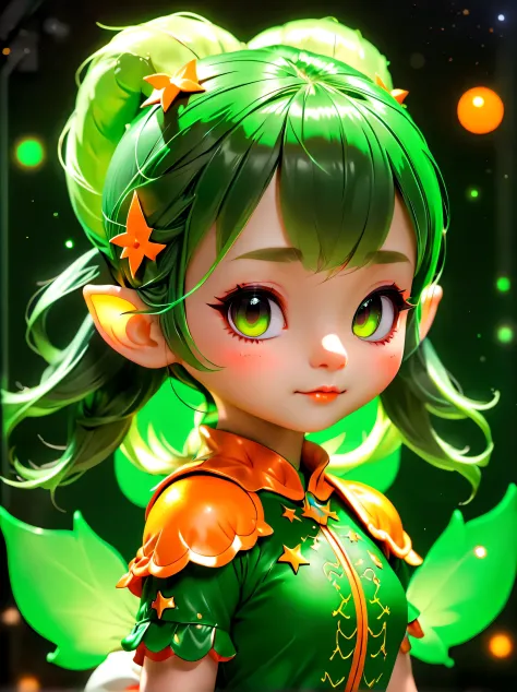 (portrait: 1.8), 3D character rendering，((1 elf girl，Green double ponytail，可爱的Ha ha脸))，((Hairstyling design：bright dark green，添加...