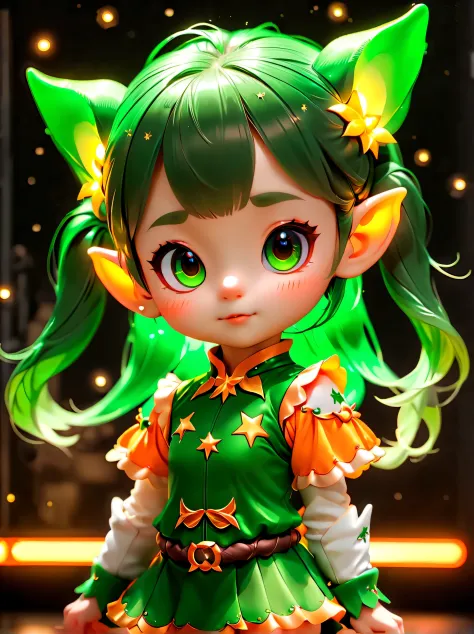 (portrait: 1.8), 3D character rendering，((1 elf girl，Green double ponytail，可爱的Ha ha脸))，((Hairstyling design：bright dark green，添加...