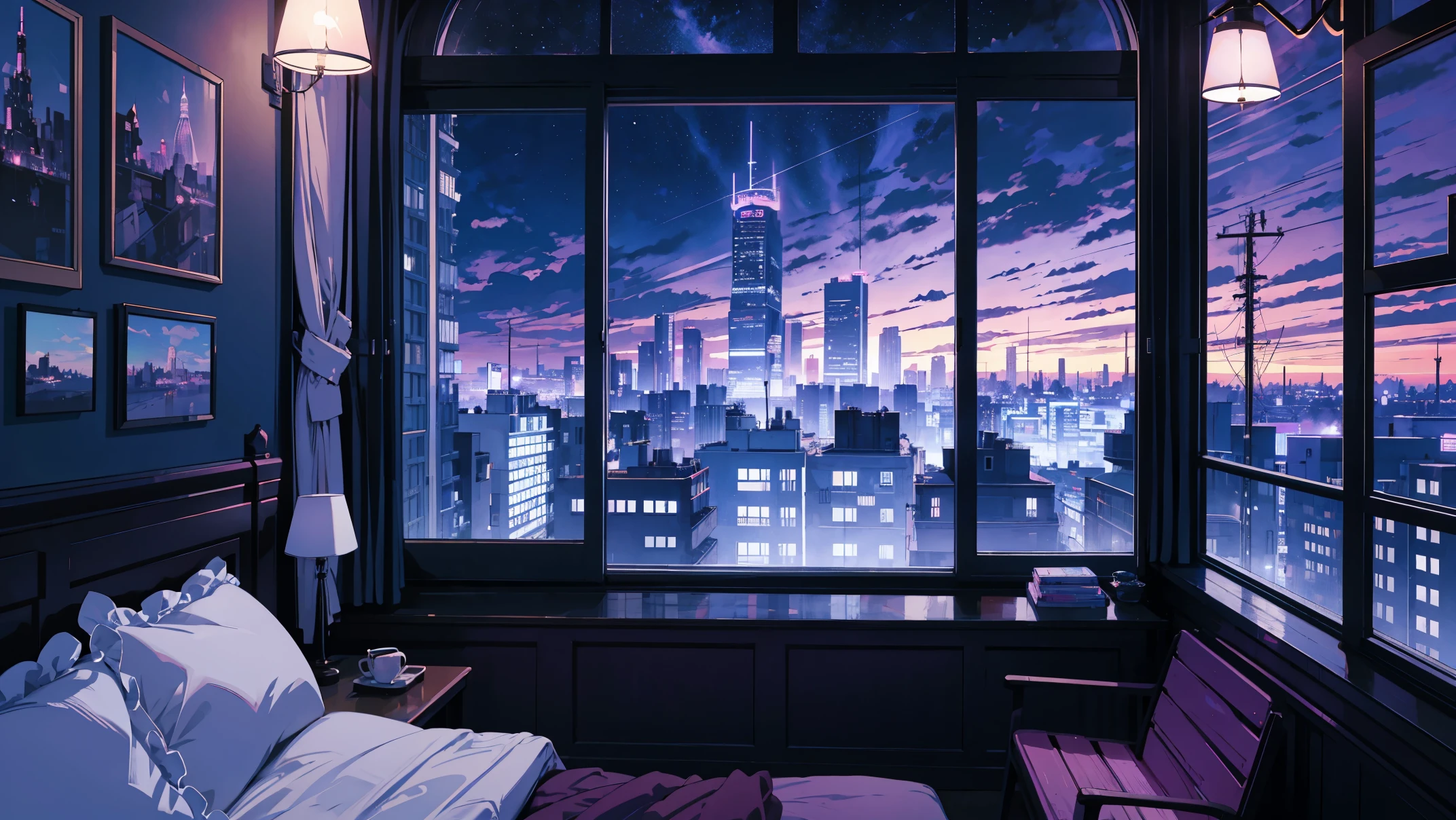 Illustration in cartoon style、Solid Paint、Room with large windows overlooking the city at night、Neon color based on purple, pink, ᆞ blue