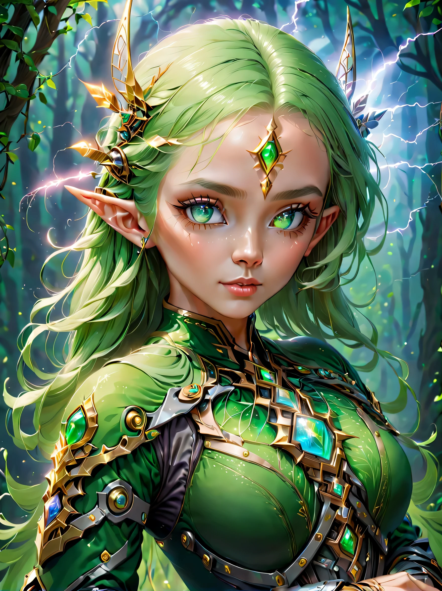 (Retrato)，Tiro de vaqueiro, Retrato of a female elf，Uma mistura única de temas mecânicos mágicos e futuristas，((Varinha mecânica portátil de pedras preciosas，Lançar magia relâmpago，Mostre sua beleza encantadora))。Suas características faciais são muito bonitas，Orelhas pontudas e olhos encantadores，Complementa o cabelo solto。(O traje que ela usa combina roupas tradicionais de elfo com elementos mecânicos tecnológicos futuristas..:1.3)，Simbolizando a intersecção entre magia e tecnologia。O fundo combina uma floresta misteriosa com sutis elementos futuristas de ficção científica，Aprimorado com temas exclusivos。Sua expressão confiante e poderosa，Capturando a graça e o poder dos espíritos míticos。Estágio psicodélico，atmosfera etérea, (Anatomicamente correto, Maquiagem facial requintada , cara bonita, Proporções faciais perfeitas), （Anatomicamente correto，Mãos precisas e perfeitas，Descrição detalhada do dedo，Dedos delicados lindos 5 dedos de mulher，belos dedos），（Detalhes faciais avançados：1.1），1.Realismo aumentado em 4 vezes iluminação de filme, Sony FE , ângulo amplo, Perspectiva em primeira pessoa, 8K, ultra-alta definição, obra de arte, Acura, Pele texturizada, alto detalhe, melhor qualidade, premiado，fotografado à distância，Sensação de distância