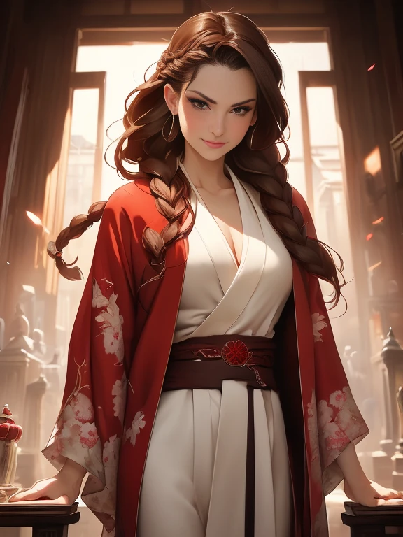 (Caucasian woman, female, short brown hair, hair braided, pale skin, brown eyes, solo portrait, natural breasts) red kimono, red flowing kimono, red clothing, full body, smiling, looking at viewer, standing inside, good lighting, daytime, inside temple, book in hands, best quality)), art by greg rutkowski