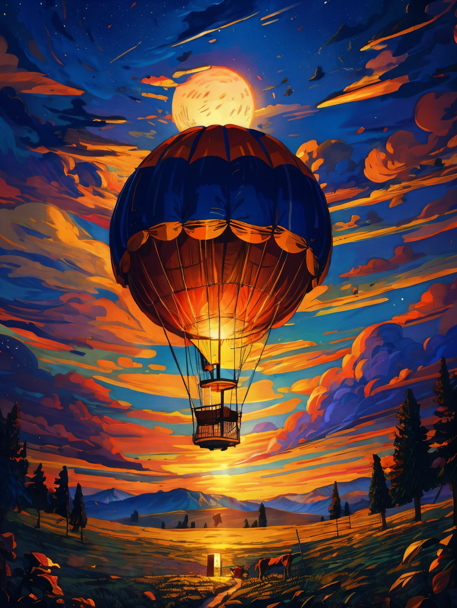 (Dibujo épico en papel) de un (grande) globo aerostático, Flujos mágicos románticos, noche estrellada iluminada por la luna, castillo gótico, montañas