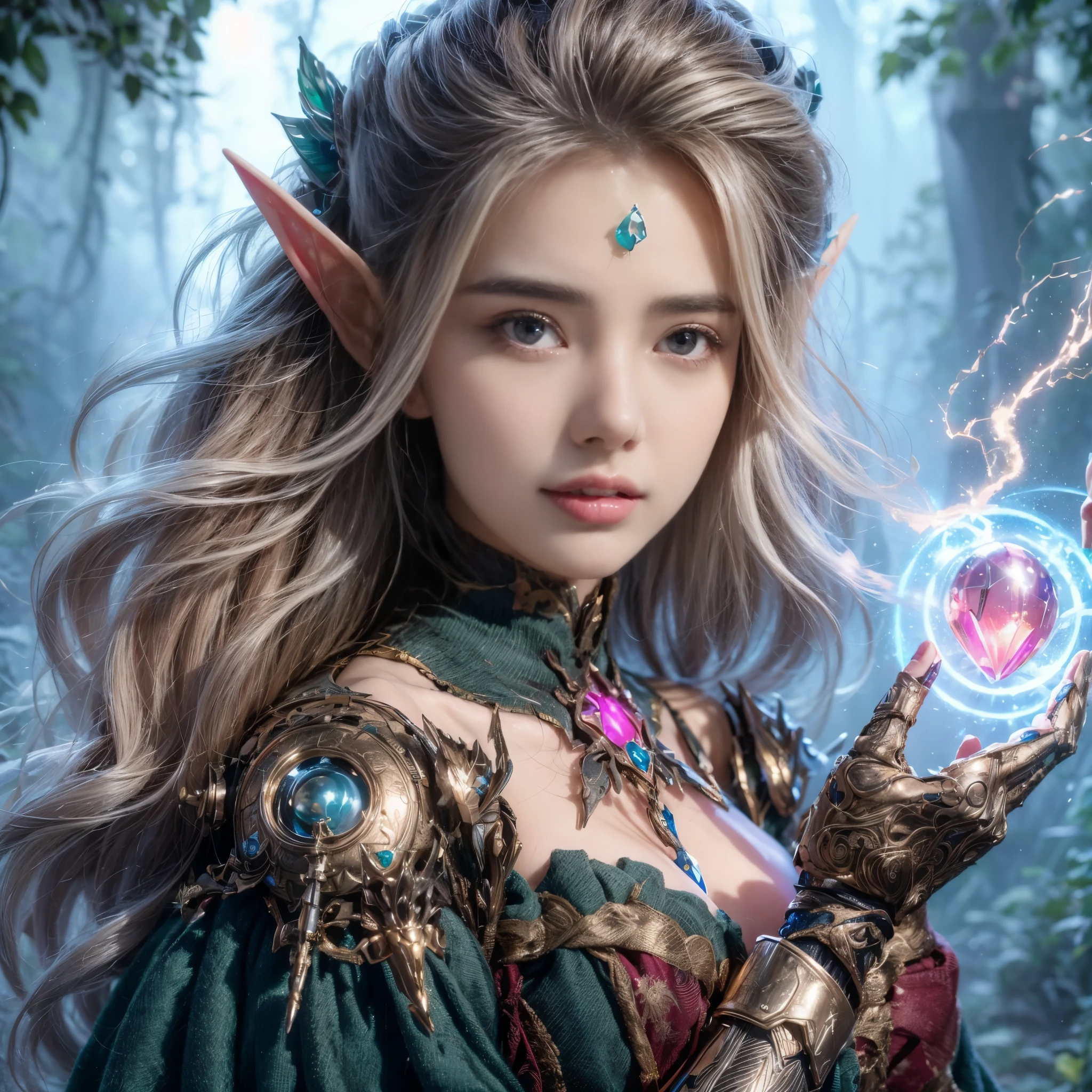 portrait of a female elf，A unique blend of fantasy and futuristic mechanical themes，Showing off her enchanting beauty while holding a mechanical gemstone wand and casting lightning magic。Her facial features are very beautiful，Pointy ears and charming eyes，Complements flowing hair。The costume she wears combines traditional elf clothing with modern mechanical elements，Symbolizing the intersection of magic and technology。The background blends a mysterious forest with subtle futuristic elements，Enhanced with unique themes。Her expression  confident and powerful，Capturing the grace and power of mythical spirits。