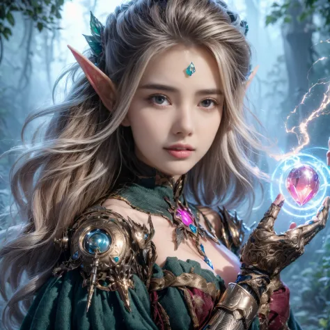 portrait of a female elf，A unique blend of fantasy and futuristic mechanical themes，Showing off her enchanting beauty while hold...