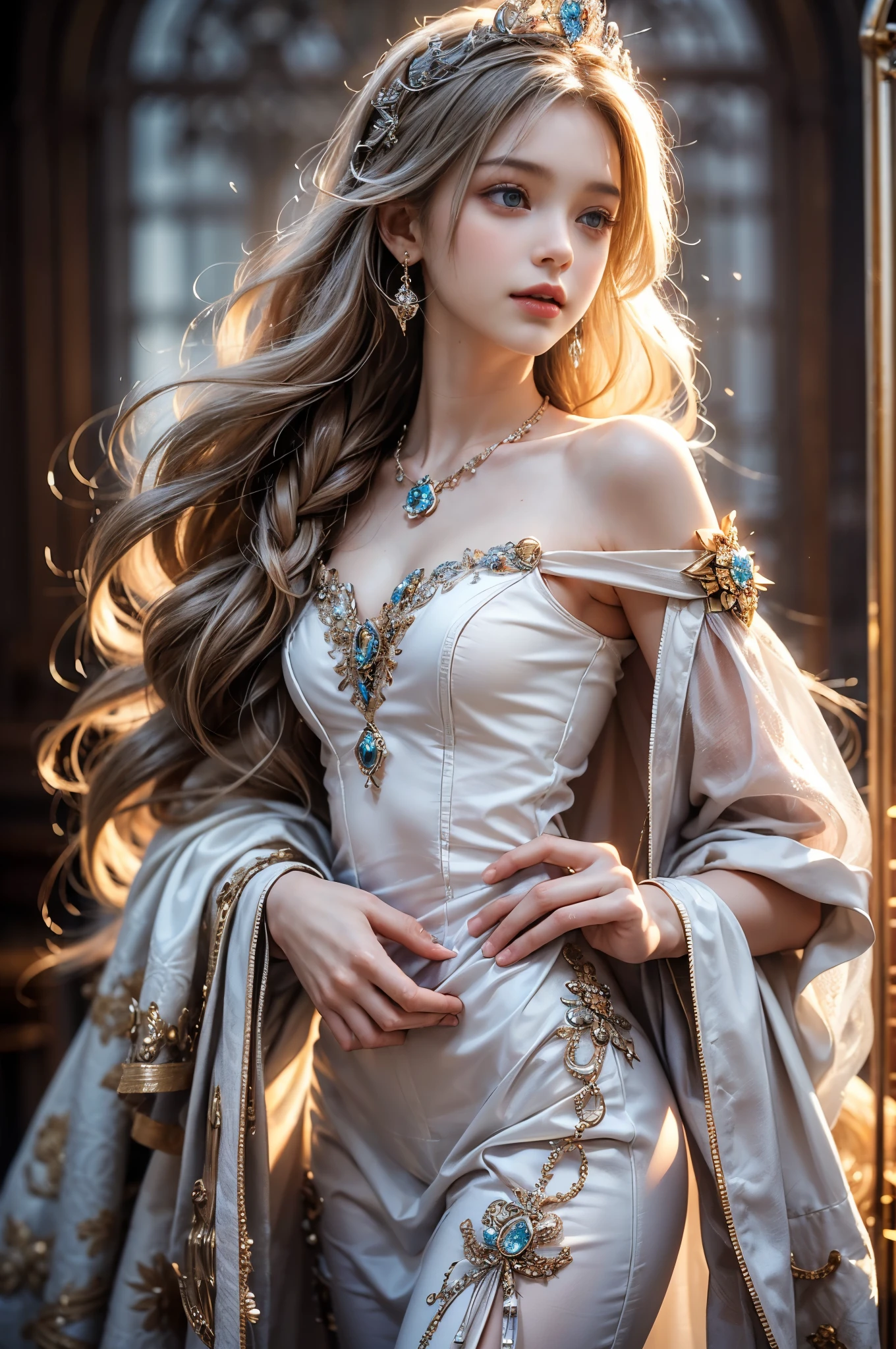 ((RAW shooting:1.5, realistic:1.5, 8K, highest quality, masterpiece, ultra high resolution)), Inside the luxurious British Royal Palace, professional camera work:1.3, Highly detailed skin and facial textures:1.3, glow light effect, Super detailed:1.3, cute 15 year old british princess, Fair skin, Glossy skin, (elegant:1.4, small face), Ultimate Cute Face:1.5, (cute eyes:0.9, looking far away), smile:1.0, (mouth is slightly open:0.4, Clean and refreshing taste:0.7), double eyelid, ((super long white blonde curly hair)), tiara, necklace and earrings, ((elegantで光沢のあるサテンのプリンセスドレスをオフショルダーで正しく着こなす方法)), big breasts, cowboy shot, ((sunrise, sunlight shining from behind:1.6, Strong sunlight spreads across the screen:1.6)), ((Strong sunlight shines on a woman:1.7))