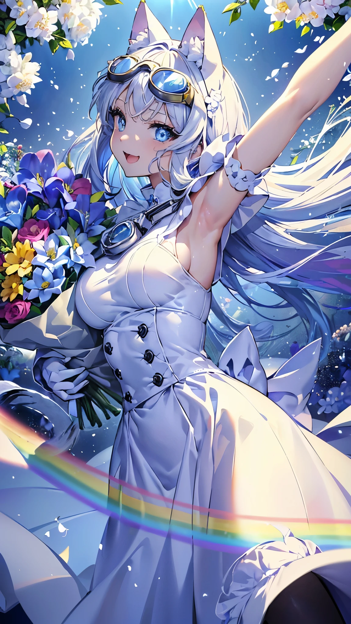 (girl:1.3), 1girl, (arm-stretching dance pose:1.3), (Folded hands), complex background, ultra fine eyes, rainbow effect, (Cat ear:1.5)、(white long hair:1.5), (intricate rainbow street costume、Gorgeous and luxurious princess long skirt dress,Emphasize bright blue:1.3), big breasts with good style,  fine jewelry,  (Wear precision goggles on your head:1.5),4K anime art, 4K digital art, highest quality,movie profile,complex midnight city、big smile、(fine eyes、complex and precise pupil、blue eyes:1.5), (face focus:1.3),(Upper body zoom profile:1.3), 8k wallpaper, (big smile、open your mouth:1.5), Profile viewed from above at a 45 degree angle,(smile,sad,Relaxed and strong look:1.3),(carry angel wings:1.3),Wings fly,Rainbow theme,pieces fly,4K anime art,4K anime illustration,(waving white flowers:1.2),(Holding a large bouquet of brightly colored flowers in both hands:1.5)