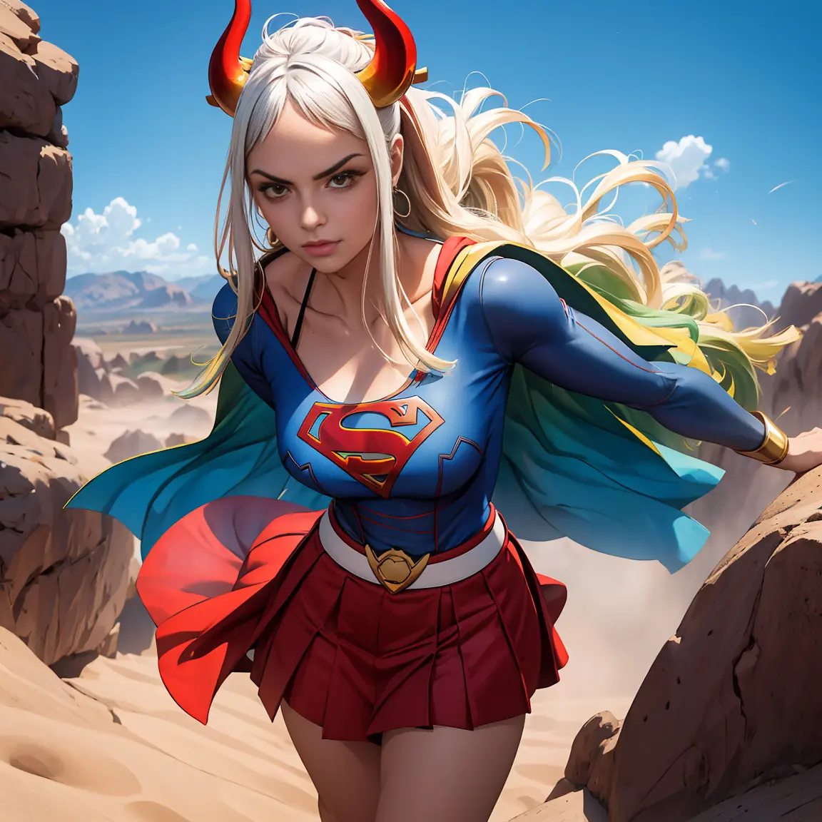 detalhado cabelo branco longo,  tamanho de arquivo enorme, 1girl, demon girl, superhero supergirl, terno supergirl, capa vermelh...