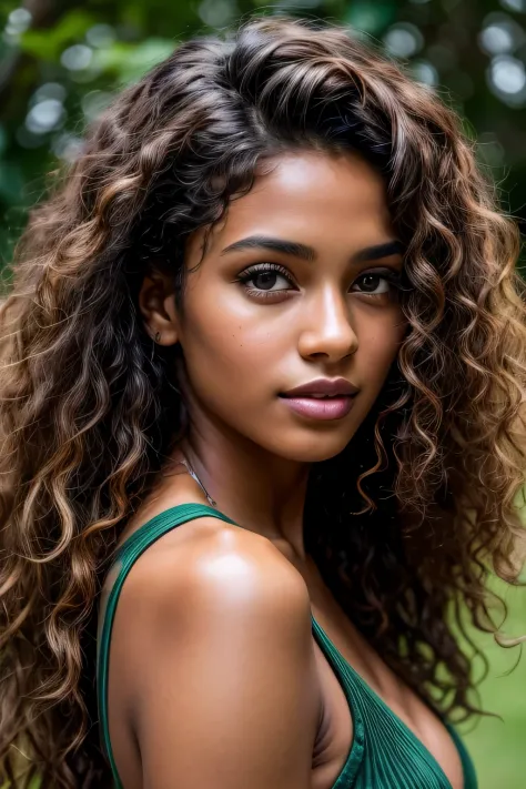 Masterpiece. Best quality, brown-skinned young woman with green eyes and curly hair posing for a picture, soft portrait shot 8 k, beautiful young girl, beautiful portrait image, photo of a beautiful woman, perfect face and eyes, gorgeous face portrait, bea...
