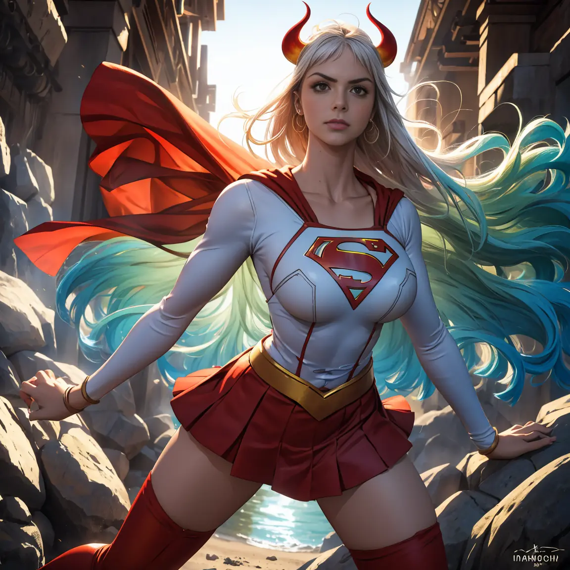 detalhado cabelo branco longo,  tamanho de arquivo enorme, 1girl, demon girl, superhero supergirl, terno supergirl, capa vermelh...