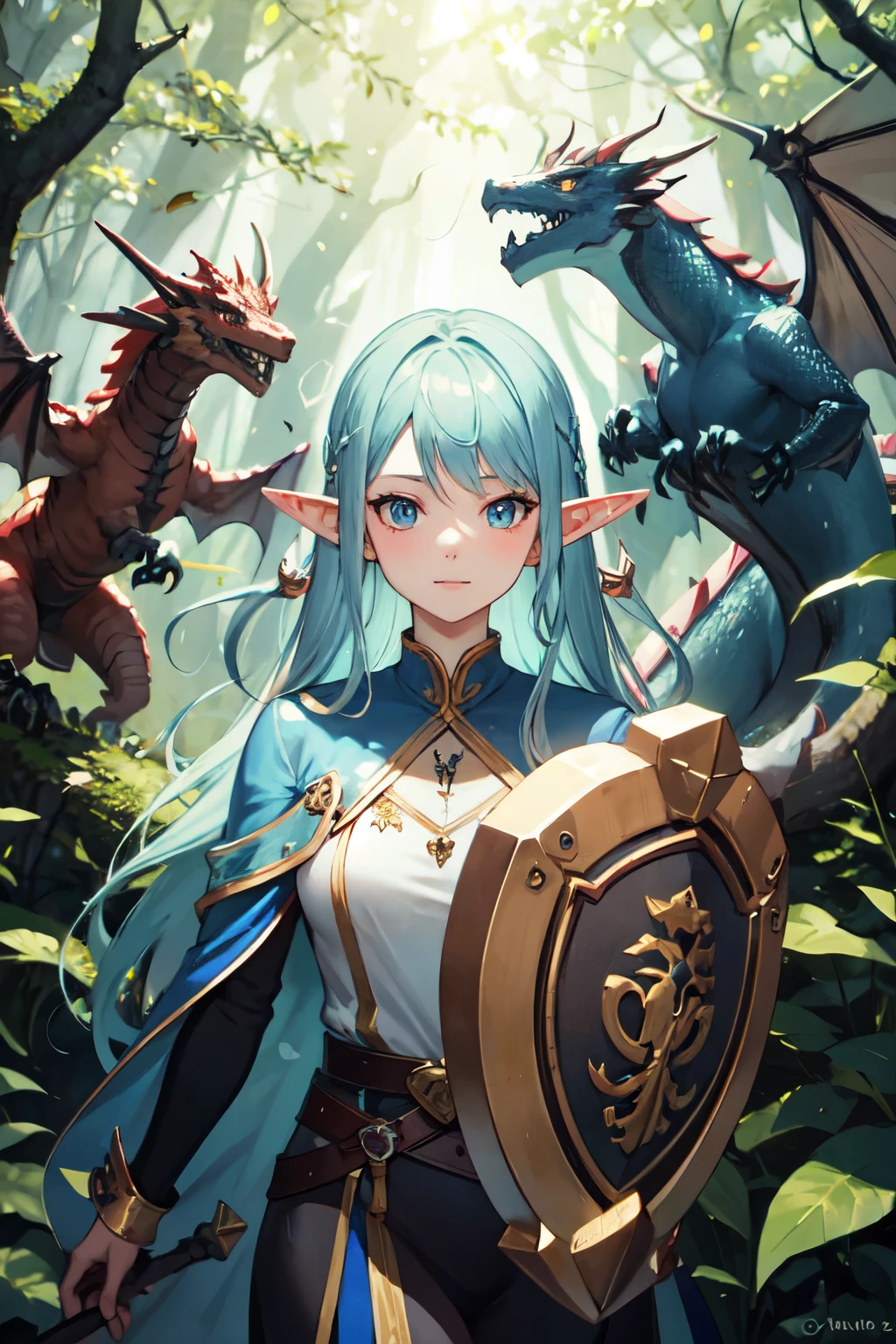 A woman with blue hair and a sword stands in front of a dragon - SeaArt AI