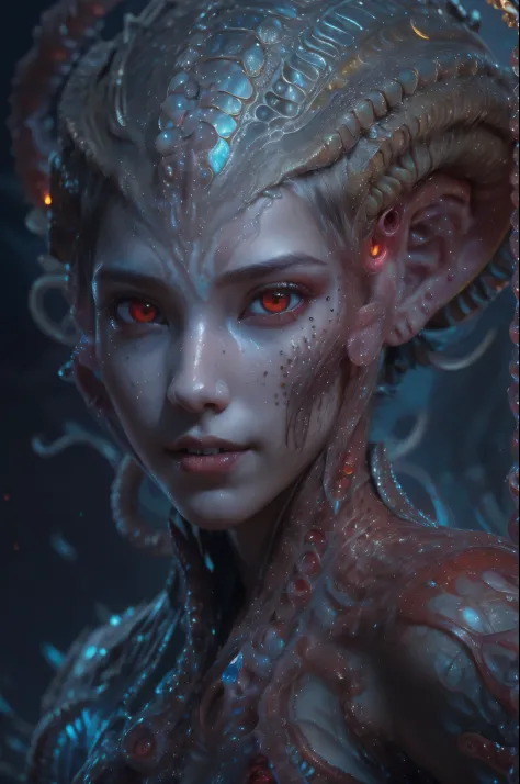 scary and sexy detailed art in color, portrait, (beautiful and obscene female alien:1.4), (vulgarity1.7), (she has red eyes with...