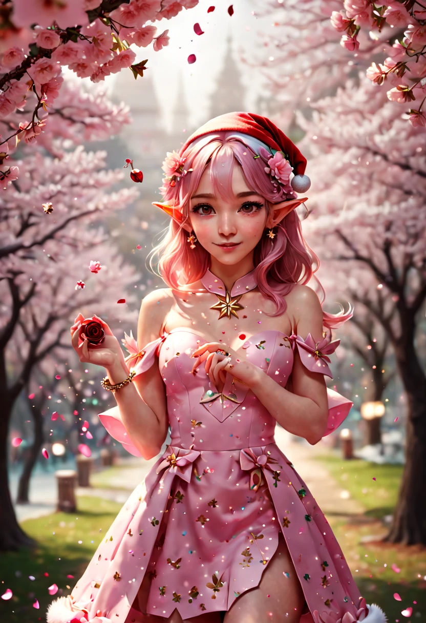 a Beautiful Elf, Pointy ears and charming eyes, cherry_blossoms, confetti, falling_petals, floral_print, flower, hair_flower, hair_ornament, interlocked_fingers, jewelry, own_hands_together, pink_dress, rose_petals, presentbox, star hair ornament, gift box, jingle bell, star hair ornament, christmas wreath, santa hat, Romance, film grain, RAW photo, Cinematic lighting, octane render, (best quality, masterpiece, Representative work, official art, Professional, 8k:1.3)