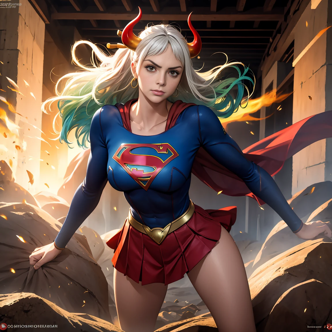 Detalhado cabelo branco longo,  tamanho de arquivo enorme, 1girl, demon girl, Superhero Supergirl, terno Supergirl, capa vermelha, S do super-homem no peito, blue swimsuit, Red skirt, botas vermelhas, ultra sexy hiper sedutora, (Desert Oasis:1.1), Rosto extremamente detalhado, Foto RAW, filmic grain, master part, UHD, HDR, skin pores, maquiagem sedutora escura requintada, delineador escuro, buffalo horn with red tips ((longos cabelos brancos)), ((seios muito firmes)), (((tonificado, Impeccable, encaixe, corpo perfeito e anatomia;))), ((Olhando para o Viewer)), ((hiper sedutor)), profundidade de campo, alto, sexy , realismo, VFX, Volumetric lighting, volumetric light, volumetric, natural lighting, Detalhado e intrincado,  Detalhes intrincados, quantidade absurda de detalhes, absurdos, high resolution, na cidade