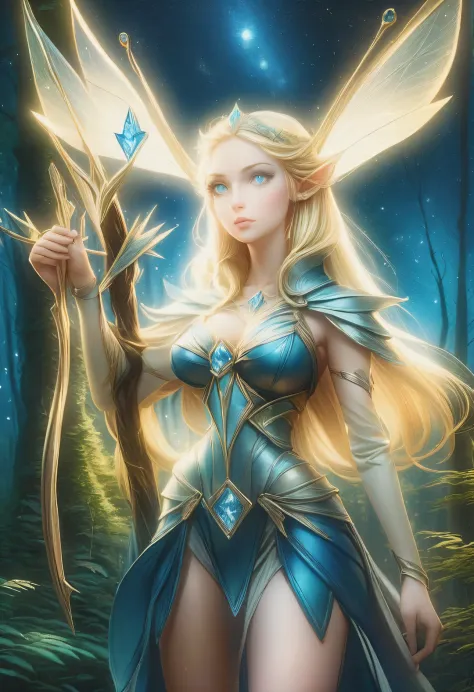 Germanic mythological fairy tale princess full of hope，Blonde, Has slightly long pointed ears, With a bow and arrows, blonde hair and blue eyes, and tall humanoid figures of the Germanic people.. Blonde的日耳曼仙女美得令人难以置信, starry night，Standing in the deepest p...