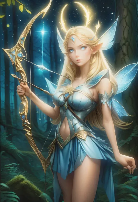 Germanic mythological fairy tale princess full of hope，Blonde, Has slightly long pointed ears, With a bow and arrows, blonde hair and blue eyes, and tall humanoid figures of the Germanic people.. Blonde的日耳曼仙女美得令人难以置信, starry night，Standing in the deepest p...