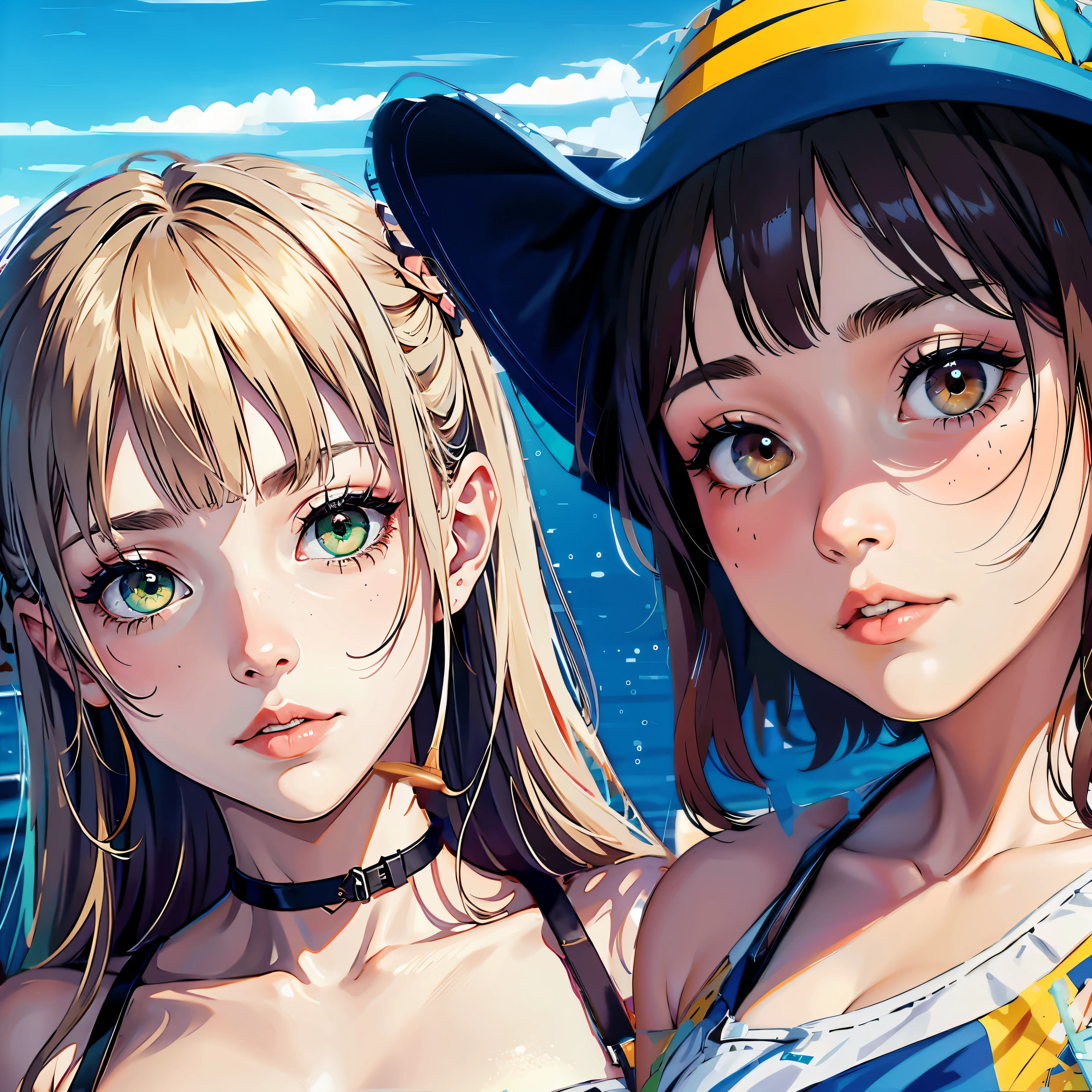 Dos chicas anime en bikini y sombreros paradas una al lado de la otra -  SeaArt AI