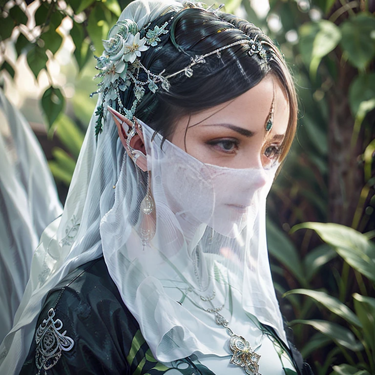 （（orejas largas）），primer plano de la cabeza，Los ojos son muy delicados.，duende，precioso hanfu verde，（（（Accesorios para el cabello）））（（（Velo））），collar，（（（un jardín con muchas flores de calidad））， （（detalles intrincados））， （（Surreal））（8K）