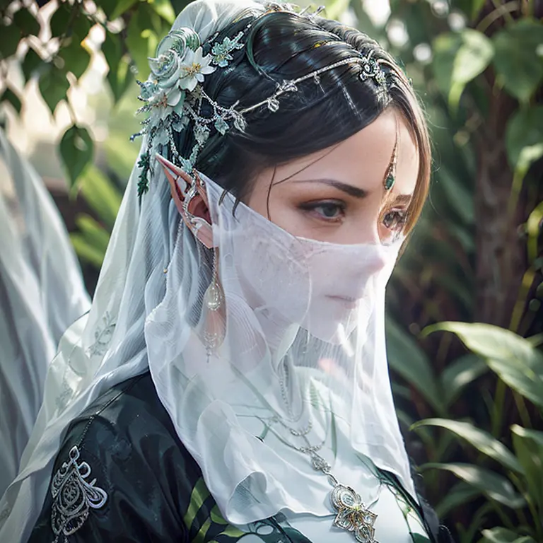 （（long ears）），head close-up，eyes are very delicate，elf，gorgeous green hanfu，（（（hair accessories）））（（（veil））），necklace，（（（a garde...