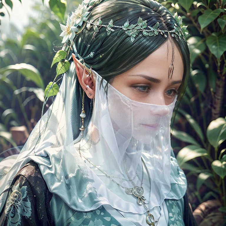 （（long ears）），Head close-up，Eyes are very delicate，Elf，Gorgeous green Hanfu，（（（hair accessories）））（（（veil））），necklace，（（（a garden with many flowerest quality））， （（intricate details））， （（Surreal））（8k）